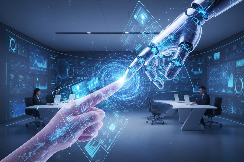 Connessione tra mano umana e robotica verso il futuro dell'imprenditoria